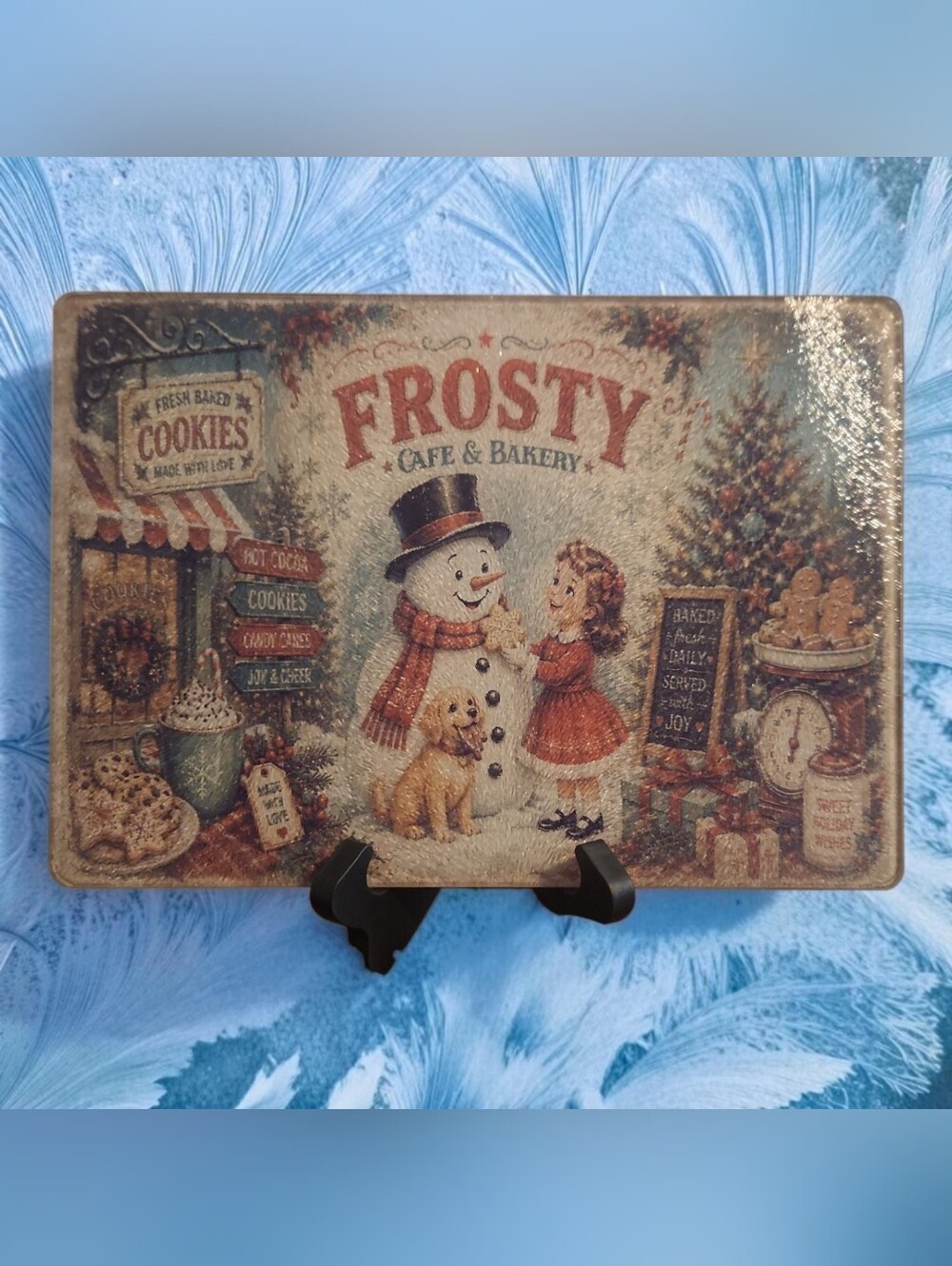 Frosty Cafe & Bakery Holiday Glass Cutting Board - Hand Crafted .NEW